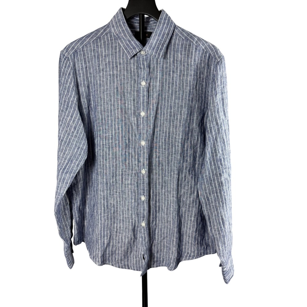 Quince Mens Blue White Striped Linen Long Sleeve Button Down Shirt Size M